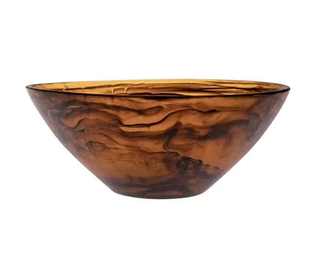 Brown translucent glass bowl with swirling marbled pattern.