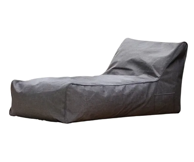 Gray fabric bean bag chair with an elevated backrest, designed for lounging, isolated on a white background.