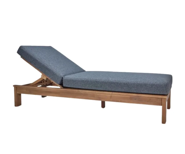 A wooden outdoor lounge chair with a dark gray cushion, featuring an adjustable backrest.