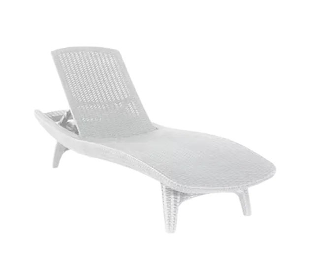 White wicker outdoor chaise lounge with adjustable backrest.