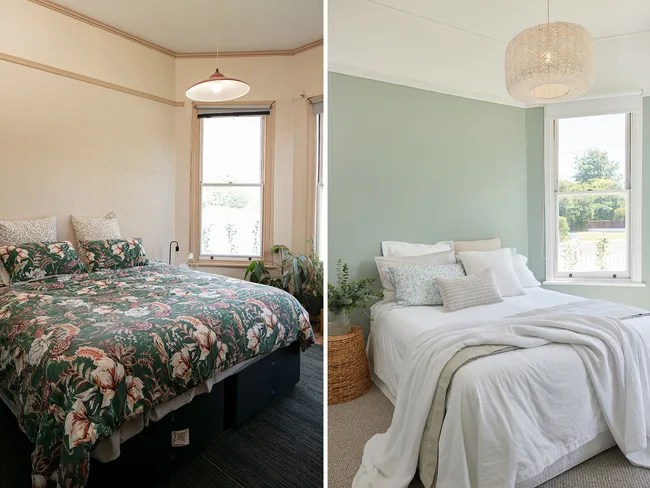 Before and after bedroom transformation with floral bedding and upgraded light in a light and airy space.