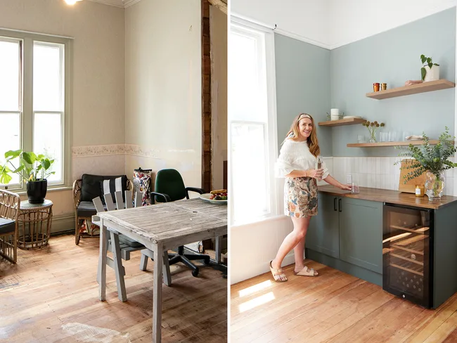 "Room before and after renovation; left shows old furniture, right shows updated decor with a woman standing by a counter."