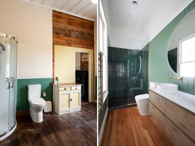 "Before and after renovation comparison of a bathroom with wood accents and modern fixtures."