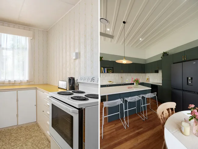 "Side-by-side comparison of an old kitchen with yellow counters and a modern kitchen with dark cabinets and island."