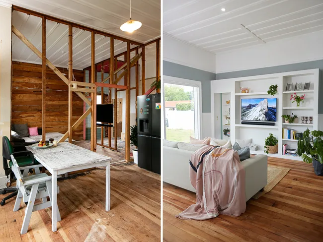 "Side-by-side comparison: a bare wooden room under renovation and a modern, completed living room with decor."