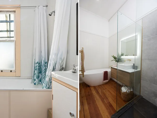 "Before and after bathroom renovation; left shows old style, right shows modern design with wood flooring and bathtub."