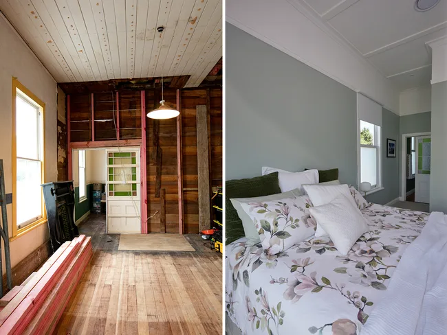 "Side-by-side image of a room under renovation and a completed bedroom with floral bedding and mint green walls."