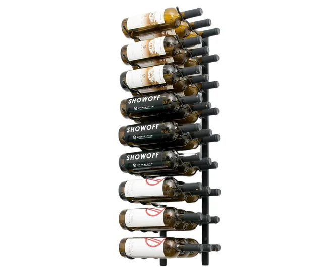 Wall-mounted wine rack with multiple bottles, some labeled "SHOWOFF," others with white labels and design.