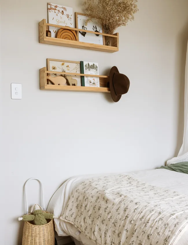 Cozy bedroom with wooden shelves, decor, a hat, and a patterned blanket on the bed; a basket with a doll on the floor.