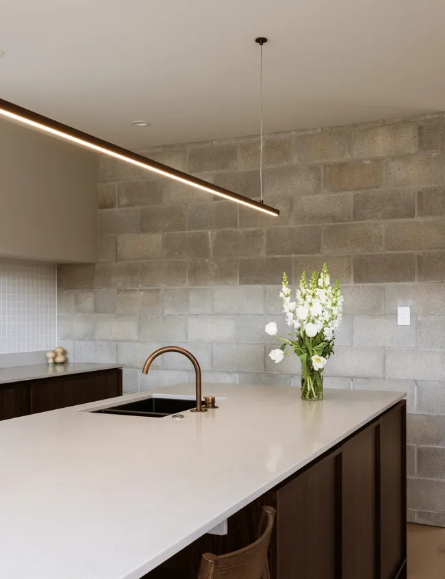 Modern kitchen with a marble island, sleek faucet, suspended light fixture, and a vase of white flowers on the counter.