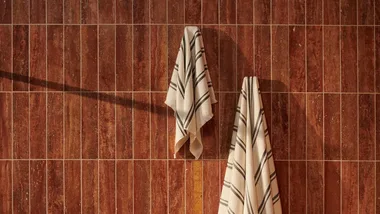 Two towels hanging on hooks against a red tiled wall