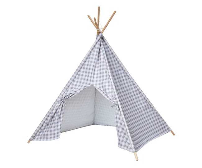 Children's gray and white checkered play tent with an open entrance and wooden poles.