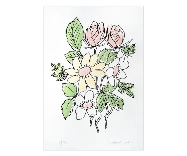A nursery decor art print with pastel coloured cluster of flowers and foliage