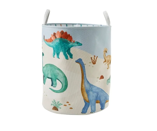 A nursery decor basket with a scene covered in dinosaurs printed on it
