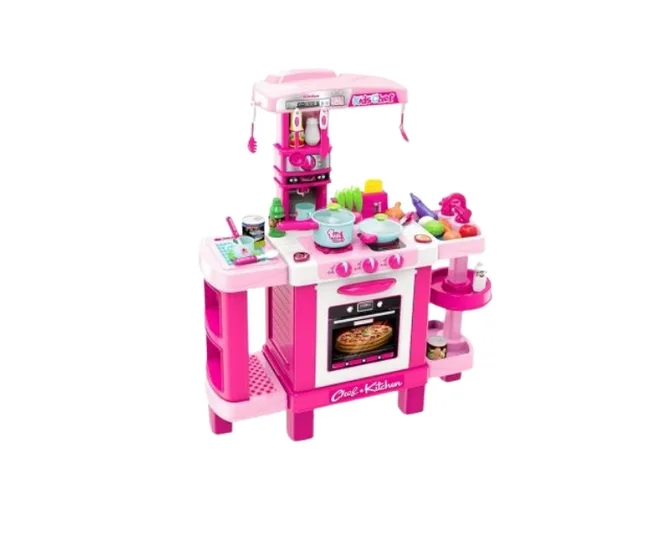 A bright pink plastic play kitchen set to be used as nursery decor
