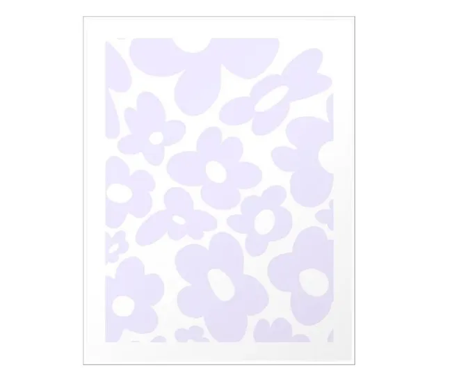A white art print with warped lilac flowers all over it