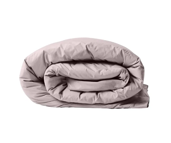 A rolled up lilac coloured duvet cover