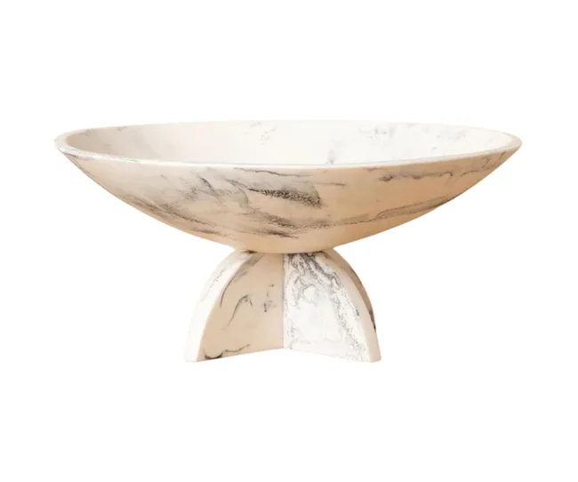 Marble-like shallow decorative bowl with a pedestal base.