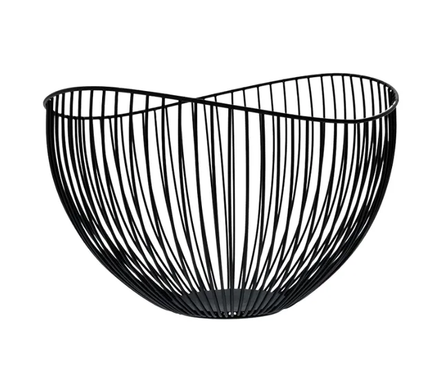 Black wire fruit bowl with an open, curved design and a round base.