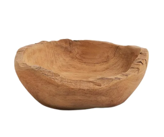 Natural wooden bowl with rough edges and a smooth, shallow interior.