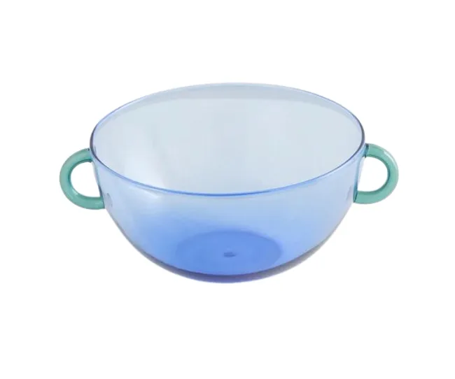 Blue bowl with two green handles on a white background.