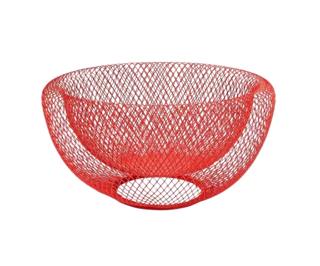 Red wire mesh fruit basket with a circular base and open design on a white background.