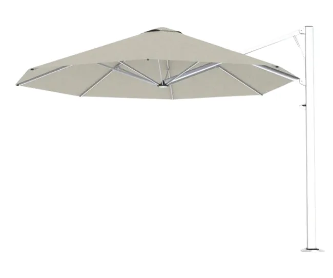 Beige cantilever patio umbrella with white metal pole and frame.