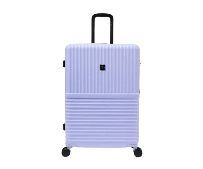 Lavender suitcase with textured design and black handle, featuring a small logo on the front, isolated on white background.