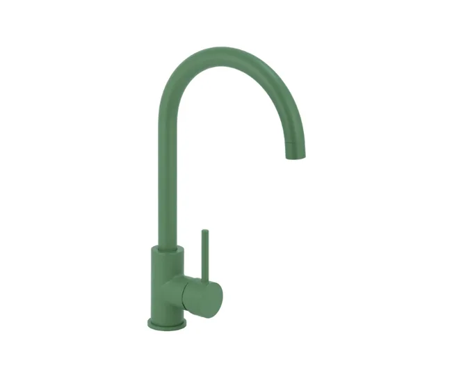 A green kitchen faucet with a high-arching spout and single handle design.