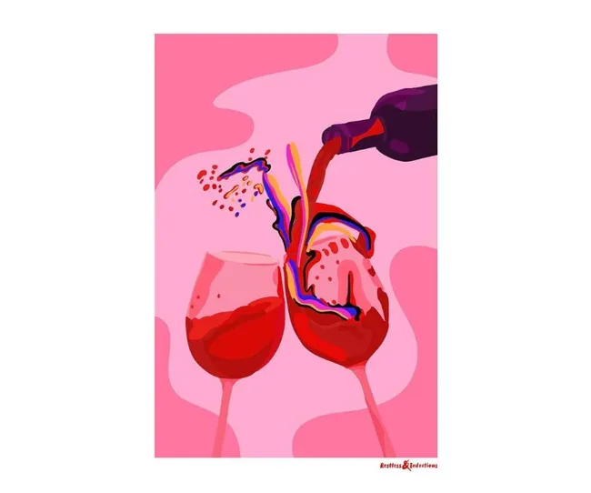 Abstract art of two wine glasses being filled, colorful splashes, on a pink background.