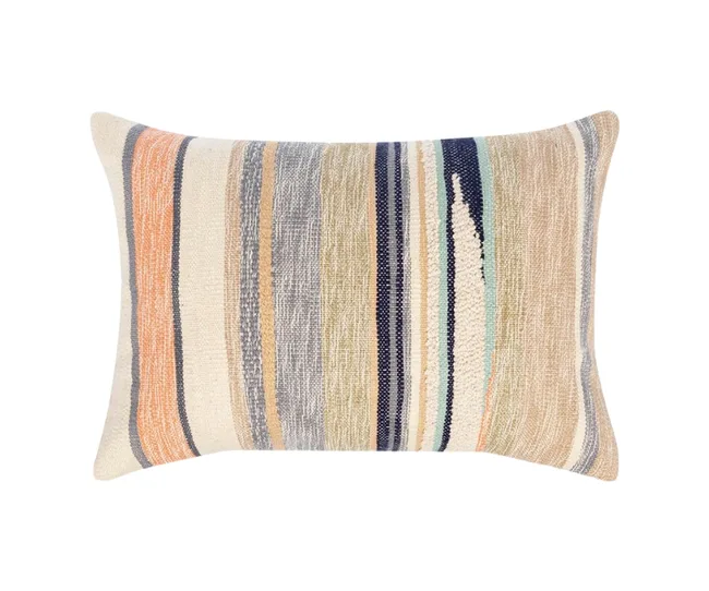 Multicolored rectangular pillow with horizontal woven stripes in orange, blue, beige, and gray tones.