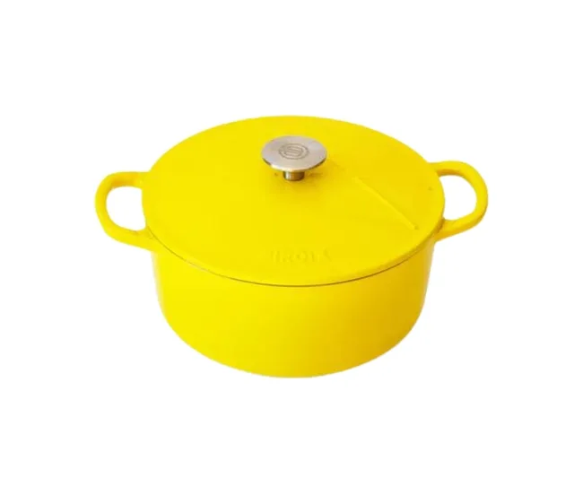 Yellow Dutch oven with handles and a metal knob on the lid.