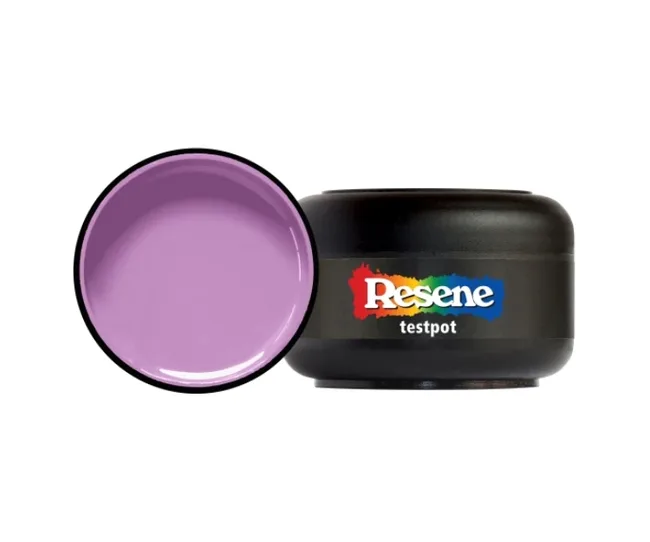 Purple paint sample in an open Resene testpot container.