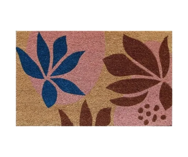Coir doormat with pink and brown floral design, featuring blue leaves on a beige background.