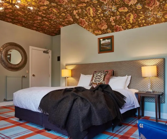 Cozy bedroom with floral ceiling, plaid carpet, large bed, decorative pillows, lamps on side tables, and art above headboard.