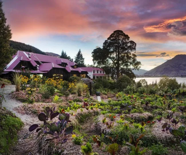 Looking out to a hotel in Queenstown at sunset