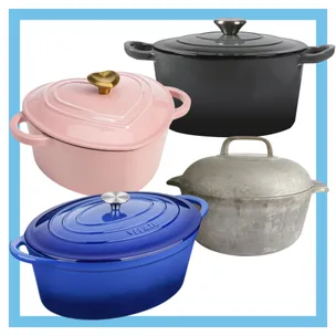 Pink heart-shaped, black, gray, and blue Dutch ovens on a white background with a blue border.