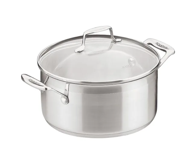 Stainless steel pot with glass lid and handles, ideal for cooking.