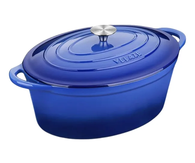 Blue Velaze cast iron Dutch oven with lid and handles.