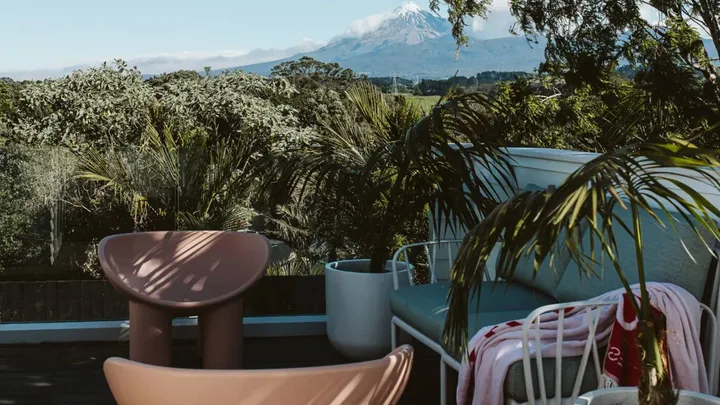 A view from a house with Mt Taranaki in the background