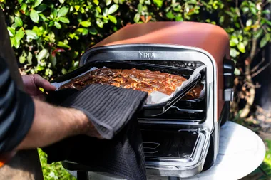 Person using an oven to bake brownies on a metal tray, surrounded by greenery.