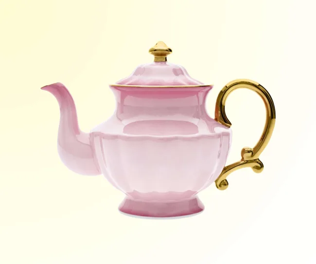 A pink teapot against a yellow background