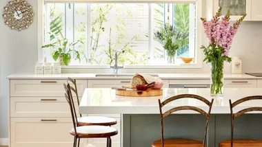 Bright kitchen with large window, bar stools, flowers, bread on the island, and a small dog on the hardwood floor.