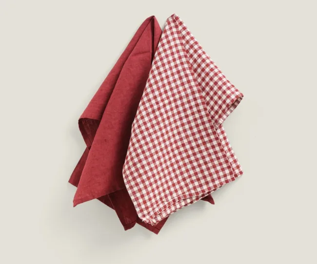 Burgundy and checked tea towels