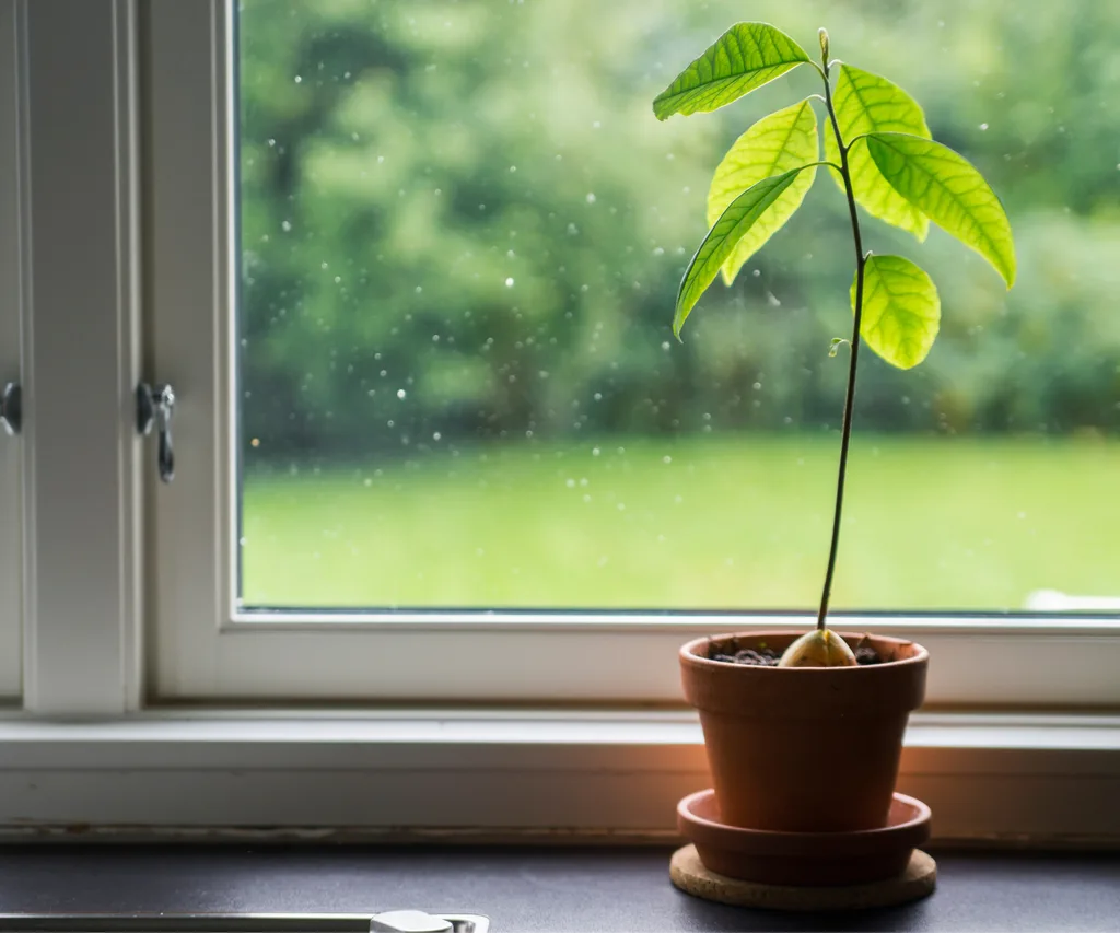 An avocado tree growing in a pot on a windowsill