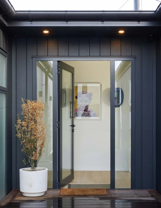 "Modern home entrance with black paneling, glass door, and potted plant; artwork visible inside."