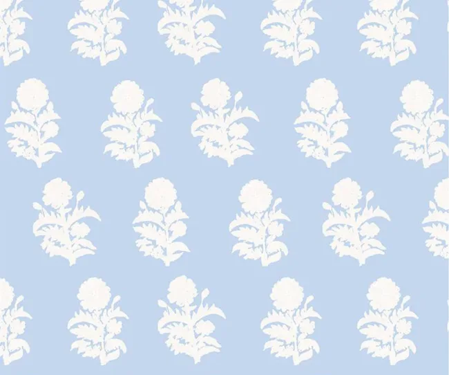 White floral pattern on a light blue background, repeated in a regular grid.