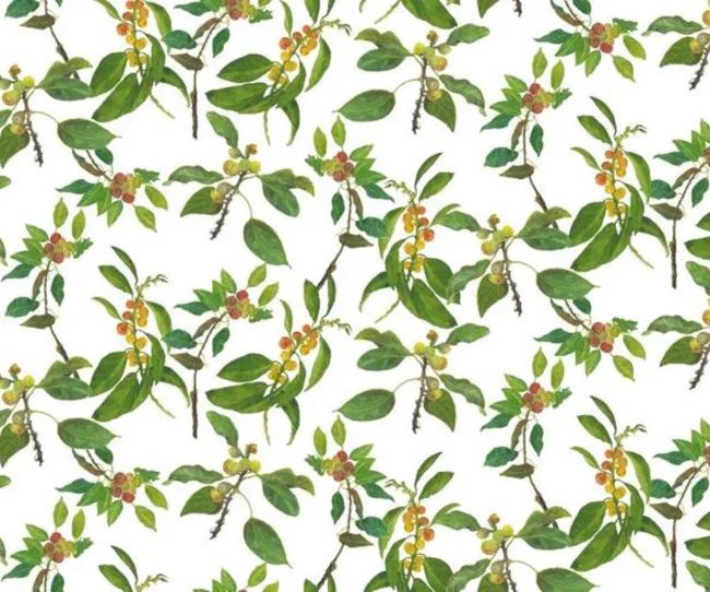 Pattern of watercolor branches with green leaves and clusters of yellow and red berries on a white background.