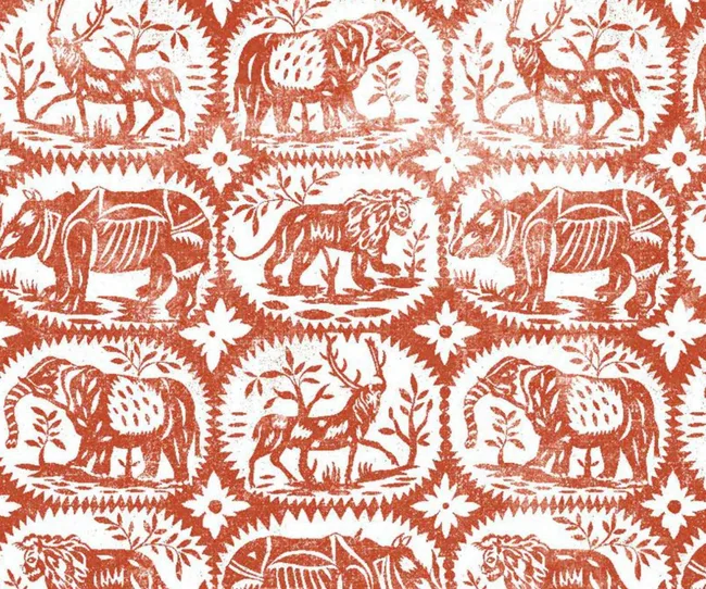 Pattern featuring stylized animals like elephants, lions, and deer in rustic red on a white background.