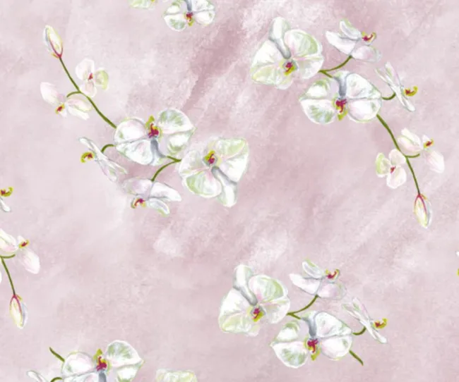 Floral pattern of white orchids on a soft pink background.